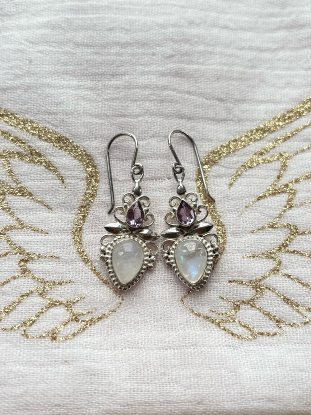 Sterling Silver Moonstone & Amethyst Drop Earrings - Iridescent White